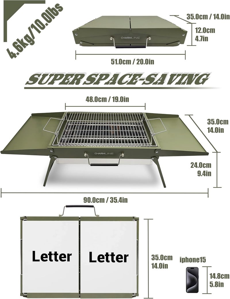 Charmline 20x14 inches Big Portable Charcoal Grill, Compact Grill with Liftable Grilling Net, Saving Space Barbeque Grill for Camping, Picnics, Gardens and Beach Parties, Green, Max - Image 2